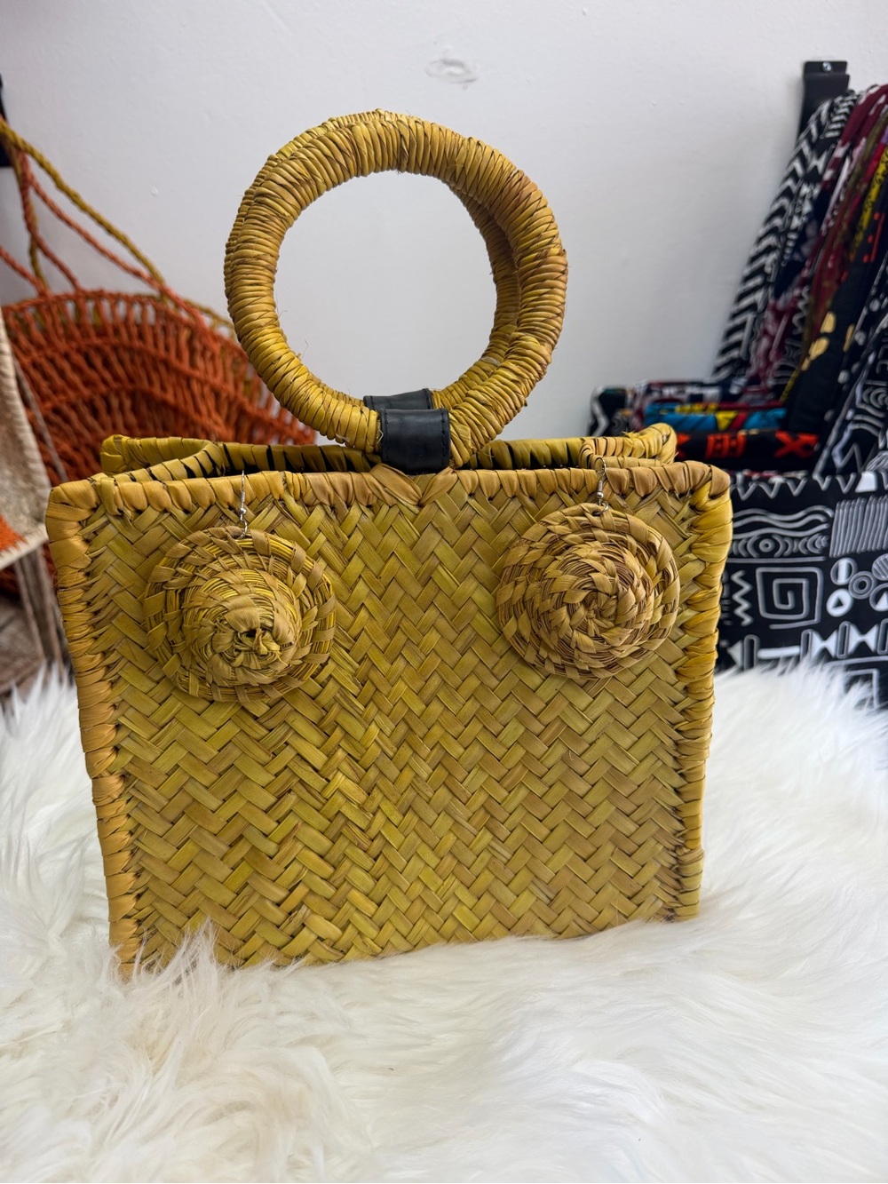 Handwoven Straw Tote Bag in Mustard Yellow with Round Handle